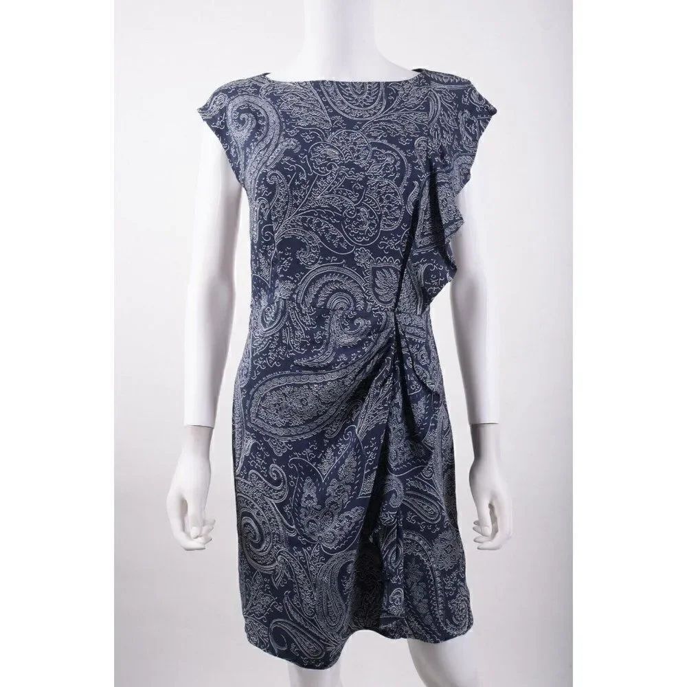 Etro Womens Ruffle Dress Sz 42 US 6 M Medium Navy Blue White Paisley NWOT